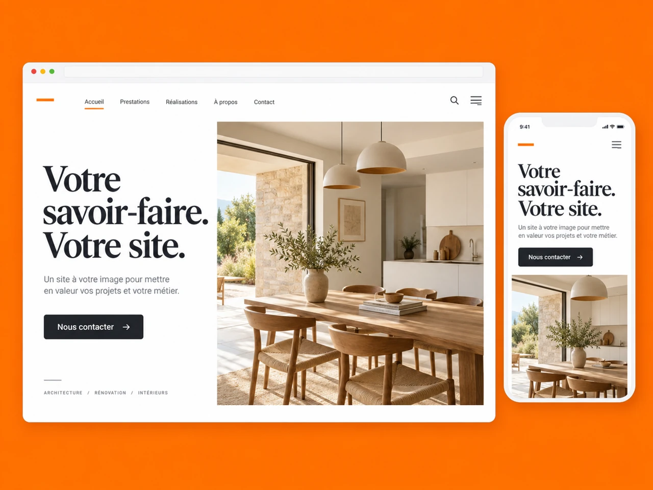 Concept de site vitrine avec une identité visuelle cohérente sur ordinateur et mobile.