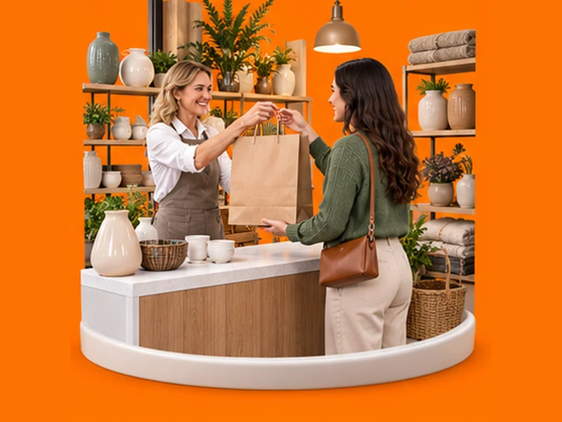 Illustration : une commerçante souriante accueille une cliente après son achat.