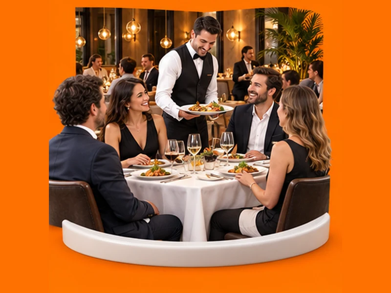 Illustration : un restaurateur souriant sert des clients attablés.