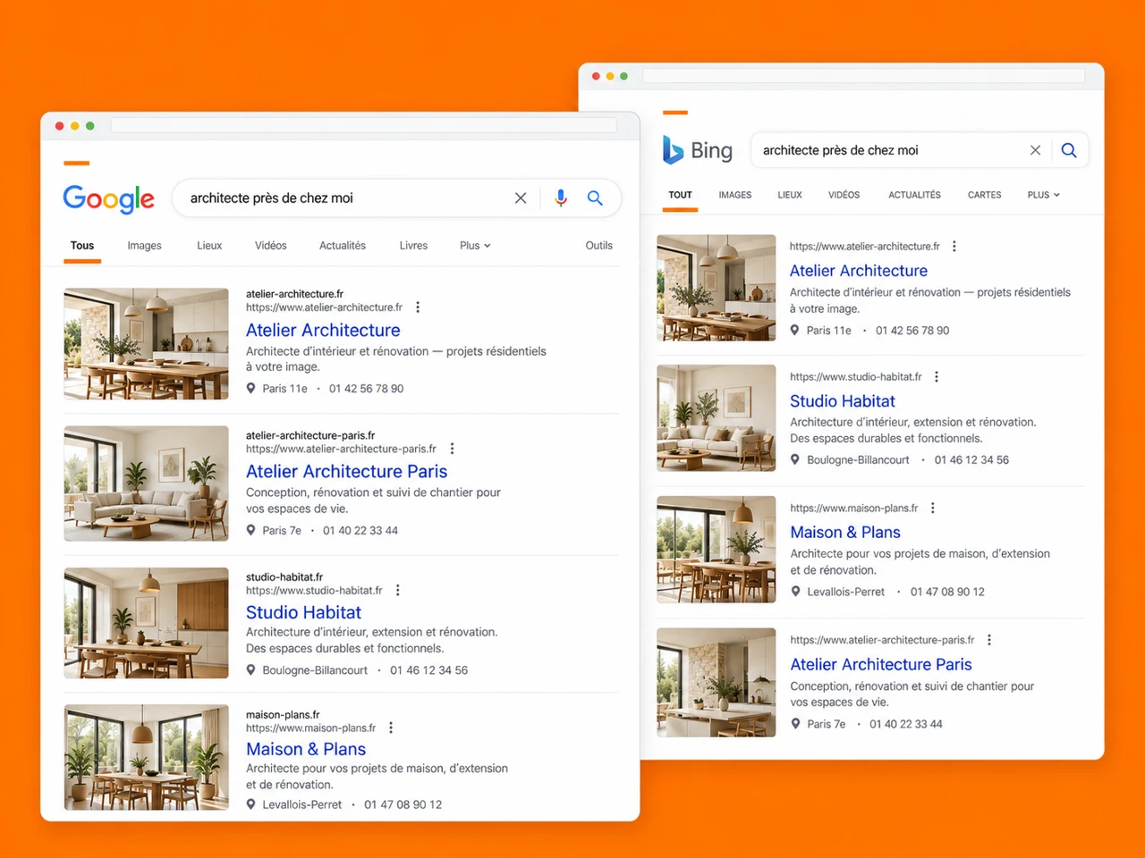 Illustration du référencement naturel sur Google et Bing avec un ordinateur et une loupe.