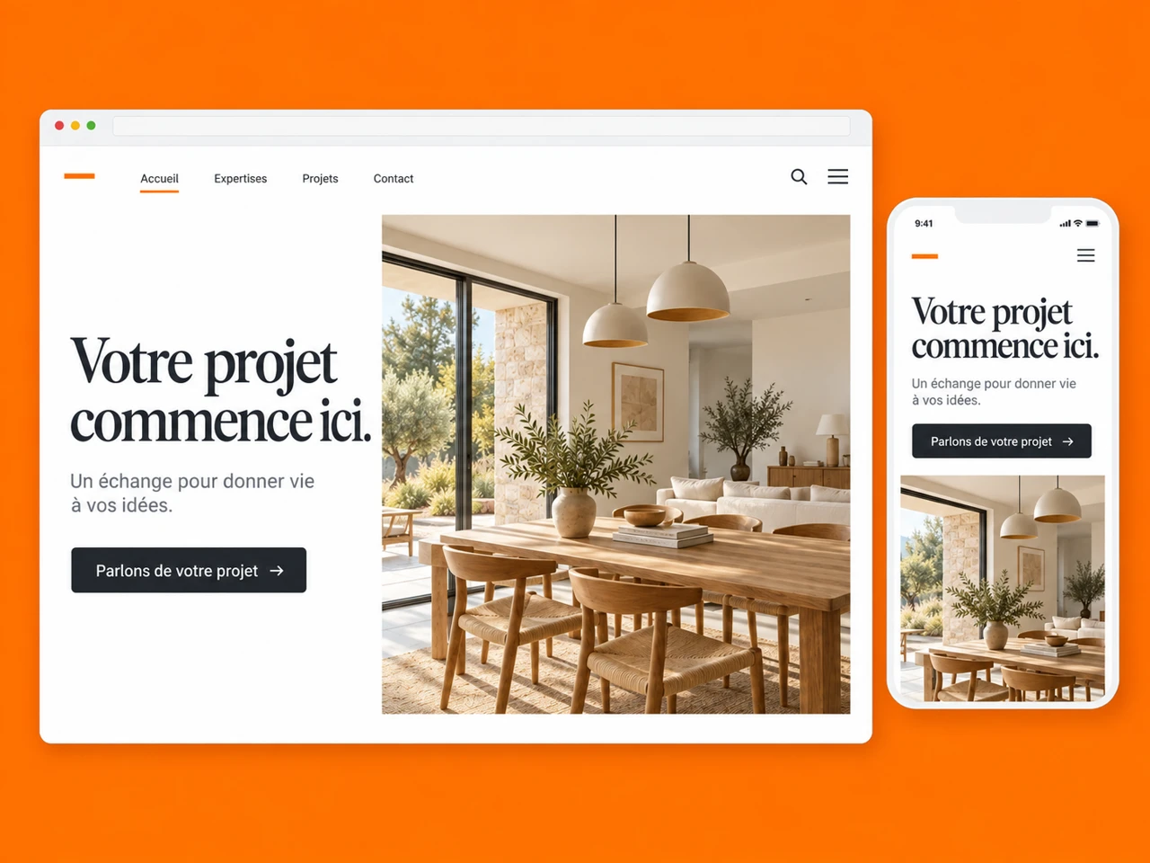 Illustration d’un site professionnel sur ordinateur et téléphone avec des boutons de contact.