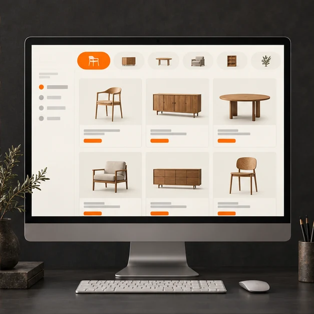 Catalogue illustratif de mobilier avec catégories et fiches produits