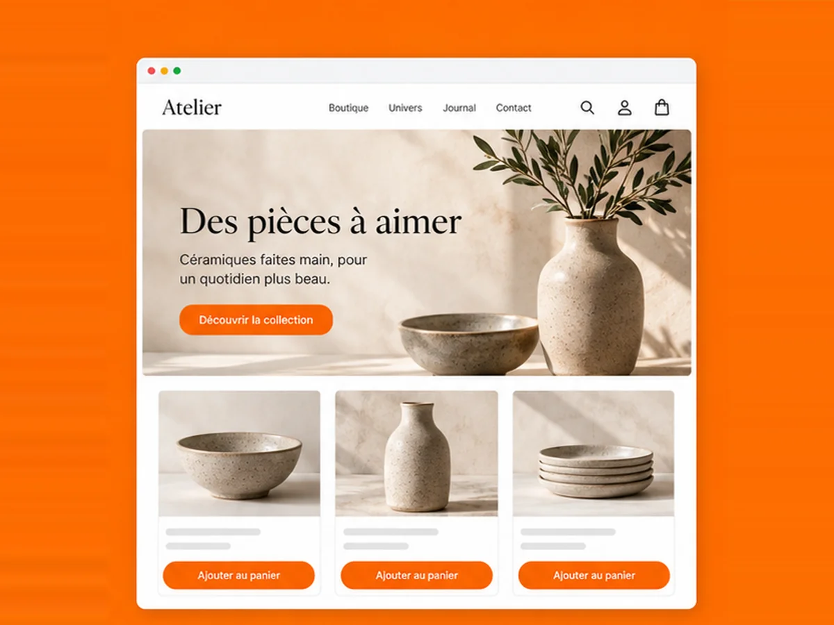 Exemple illustratif de boutique en ligne de céramique avec catégories et produits