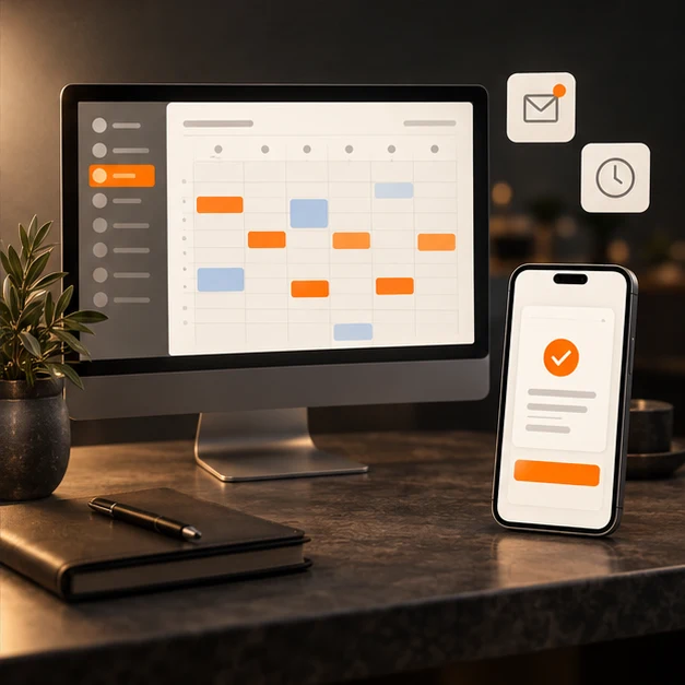Interface illustrative de planning hebdomadaire et confirmation de rendez-vous