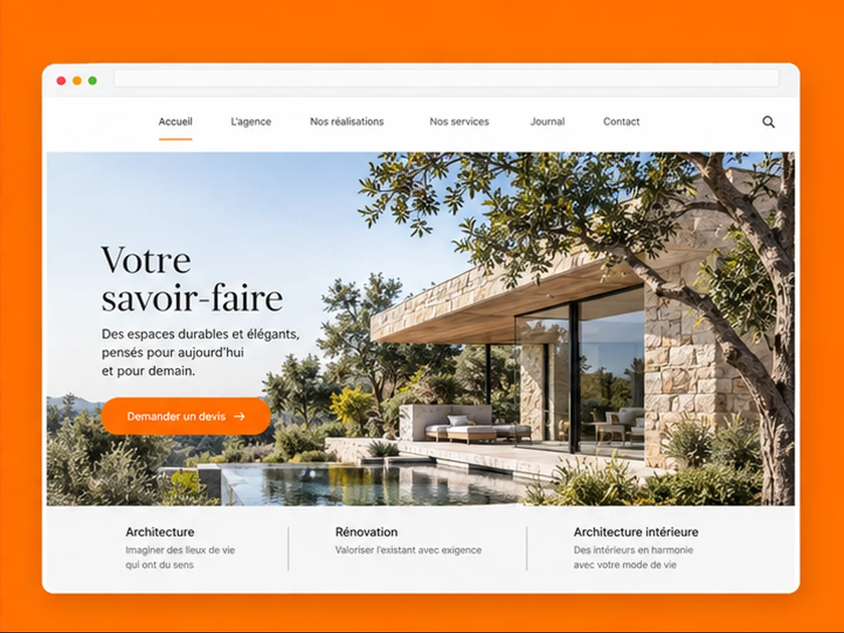 Exemple illustratif de site vitrine d’architecte avec réalisations et demande de devis