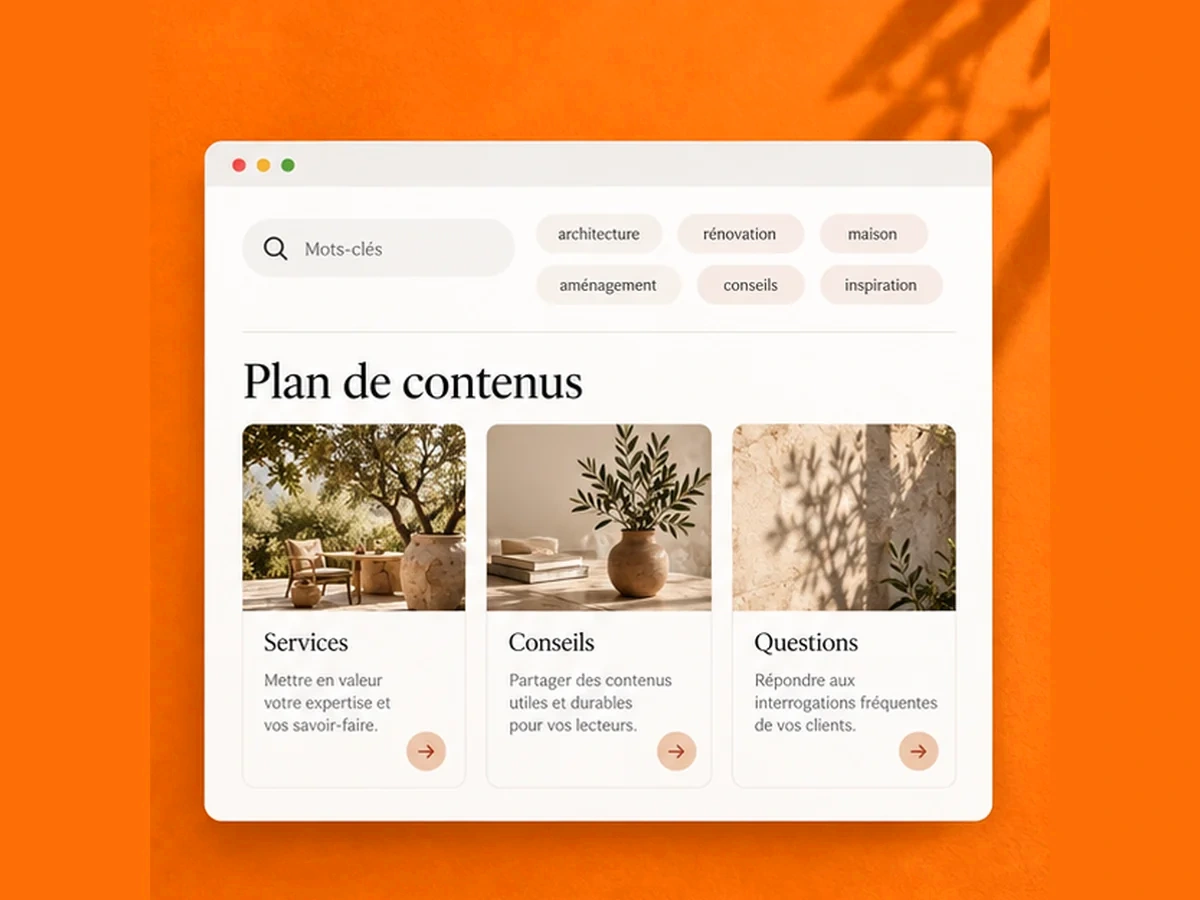 Illustration d’un plan éditorial entre services, conseils et questions