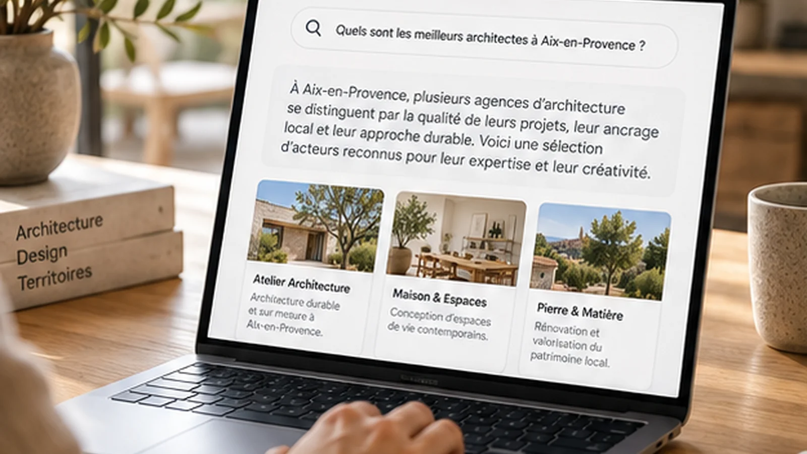 Illustration d’une consultation de réponse IA avec des sources, sans résultat client revendiqué