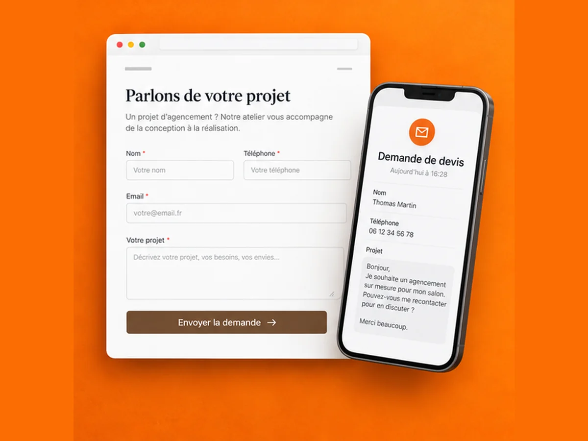Illustration d’un parcours de demande de devis sur site et mobile